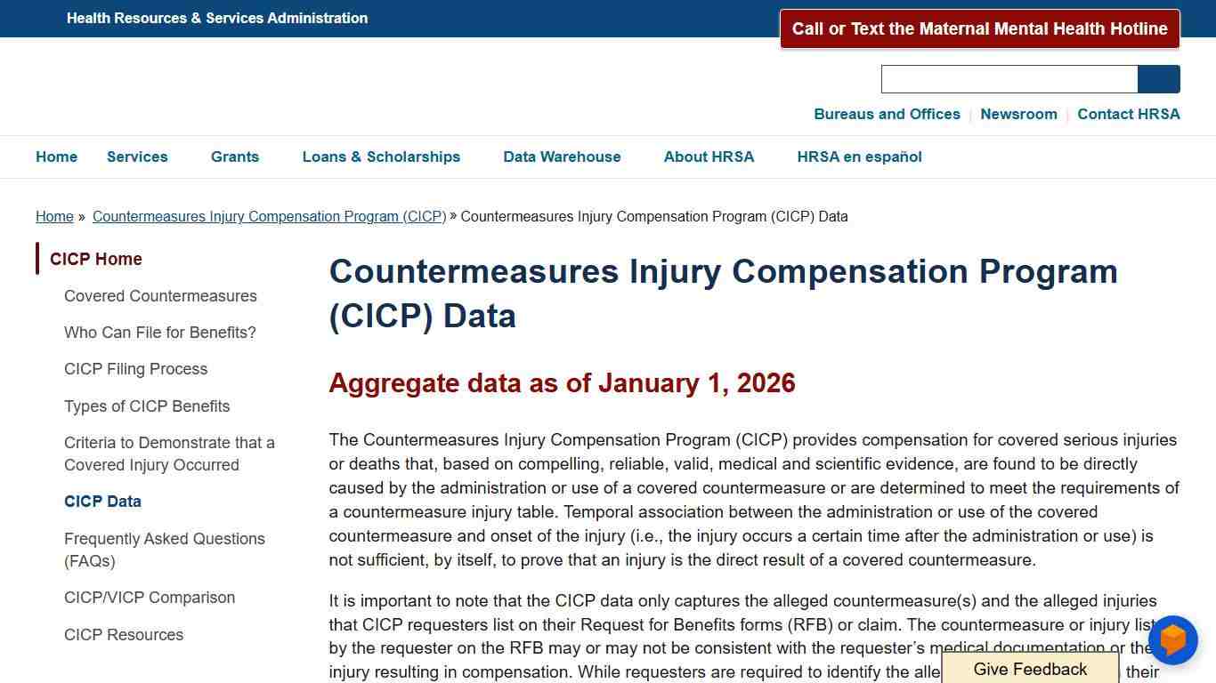Countermeasures Injury Compensation Program (CICP) Data HRSA